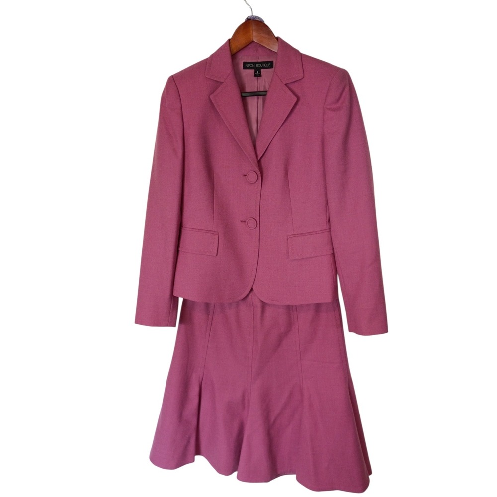 Nipon Vintage Womens Mauve Pink 2 Piece Skirt Suit Set Blazer Flared Skirt  4